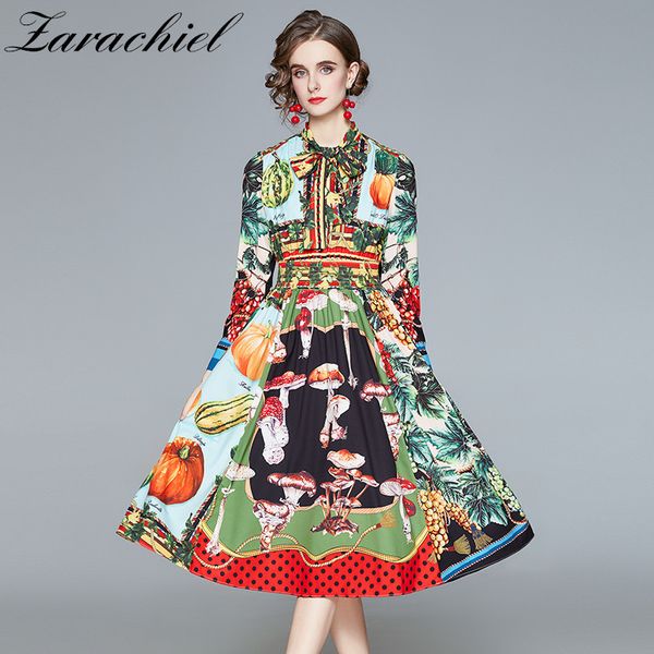 

fashion designer luxury fruit vegetable printing runway women long sleeve bow tie collar elastic waist vintage dress 210416, Black;gray