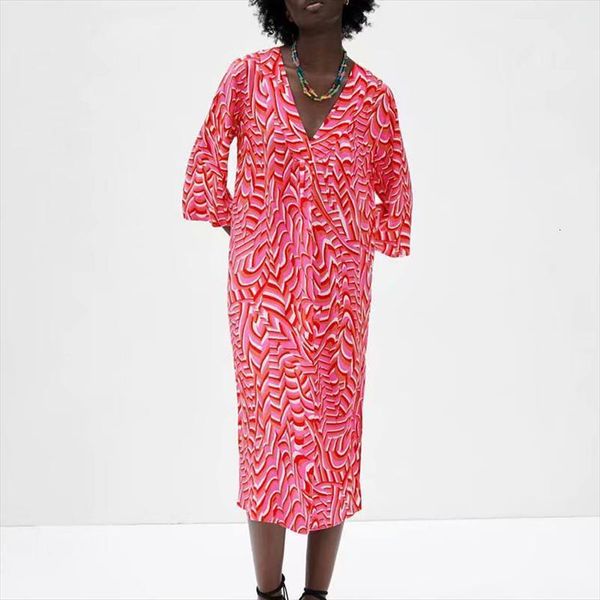 

summer za print midi womens dress half sleeve v neck loose female elegant vintage street fashion mid calf dresses vestidos, Black;gray