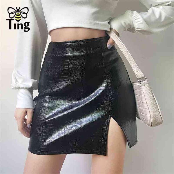 

dark bodycon pu leather mini short skirts pattern side split skirt saia summer casual wear 210513, Black