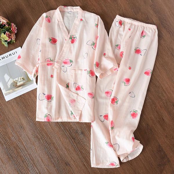 

spring japanese kawaii printing kimono sleepwear set women loose pajamas asian style long sleeve casual cardigan bathrobe suit ethnic clothi, Red