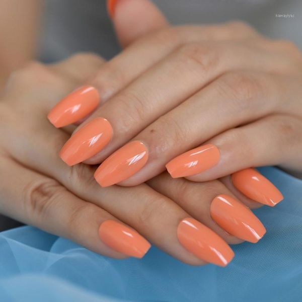 

24pcs jelly orange ballerina false nails uv coffin flat press on fake tips daily finger wear faux ongle glue sticker1, Red;gold