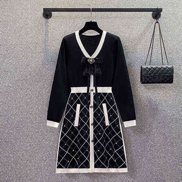 

small fragrance vintage knit sweater dress women bow buttons mini dresses autumn winter fashion casual black robe femme vestidos y1204, Black;gray