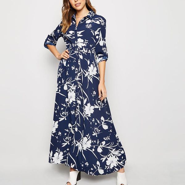 

casual dresses 2021 floral print long women dress vintage loose female buttons shirt elegant turn down collar ladies office split, Black;gray