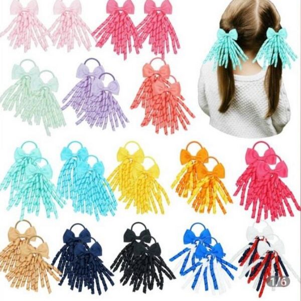 Ragazza Baby Korker Nastri ricci Archi per capelli Fasce per capelli elastiche Titolari di coda di cavallo Curling Tassel Loop Plain Streamer Corker Bowknot PD031