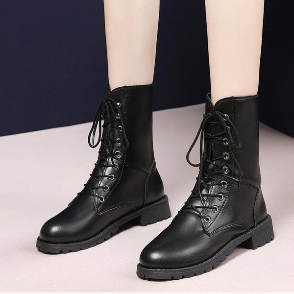 

boots 41 42 women's mid-calf boots, black motorcycle (lace-up, leather)