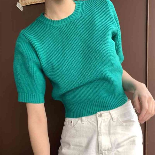 

o neck pullover short sleeve knit t shirt women solid work style ol simple tees femme summer all match lady 210422, White;black