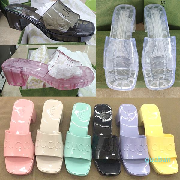 

2021 women sandals high heels rubber slide sandal platform slipper chunky 2.4"heel height shoes summer embossed flip flops with box 267, Black