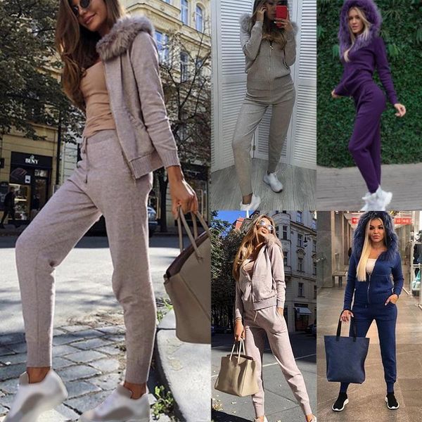 

two piece dress hoodies 2 sets zipper fluffy hooded knitted pullovers drawstring women 2021 autumn pants suits casual ensemble femme pcs, White