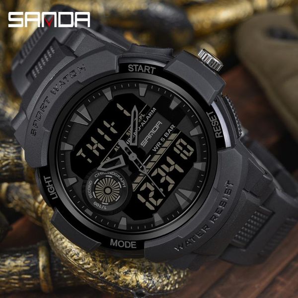 

wristwatches men watches sanda sport watch waterproof 50m wristwatch relogio masculino quartz men's clock led digital military army, Slivery;brown