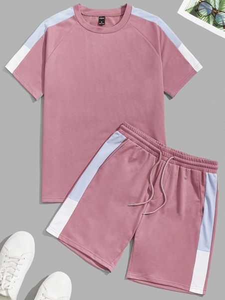 

men side stripe raglan sleeve tee & drawstring waist shorts q6y9#, Gray