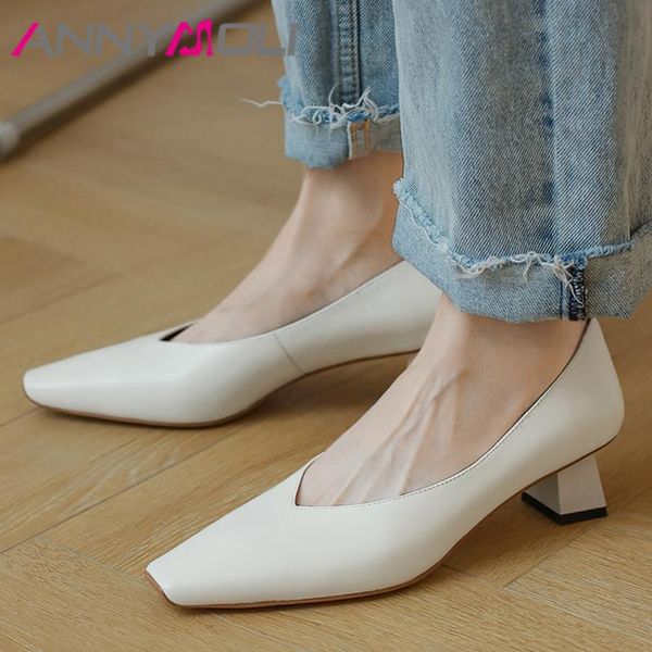 

mid heels natural genuine leather square toe pumps women glove shoes shallow office ladies chunky footwear dress, Black