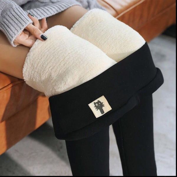 

winter thick lambskin cashmere womens legging pants high waist velvet thicken trousers female fleece warm fur plush sweatpants, Black