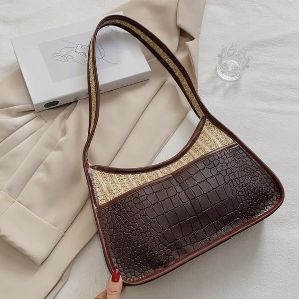 

vintage women straw woven patchwork pu leather shoulder underarm bag casual ladies stitching handbags cross body