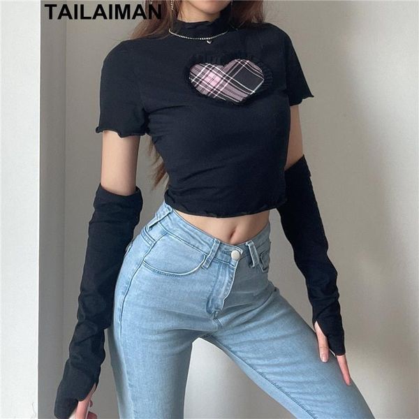 

women's t-shirt spring 2021 fashion love wood ears hit color sleeve round neck navel exposed female girl clothing, White