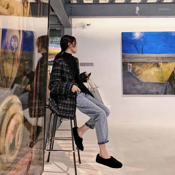 

women's wool & blends tweed small fragrant wind woolen coat female autumn and winter short 2021 plaid, Black