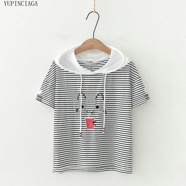 

women's hoodies & sweatshirts cute cartoon cat embroidery hooded sweatshirt femme casual short sleeve funny sweet style tracksuit pullo, Black