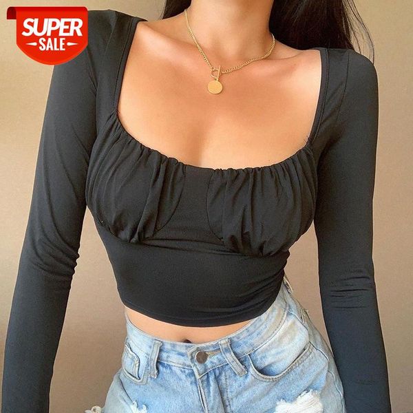 

[in stock]european and american fashion slim long-sleeved blouse women 23224p pleated display chest temperament t-shirt #q42h, White