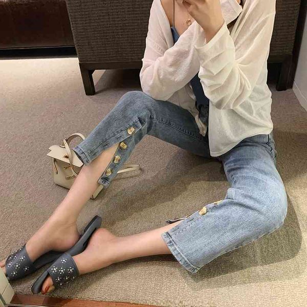 

jeans elastic bootleg brem high spring and in the female summer straight cannster loose little nine stitches pants, Blue