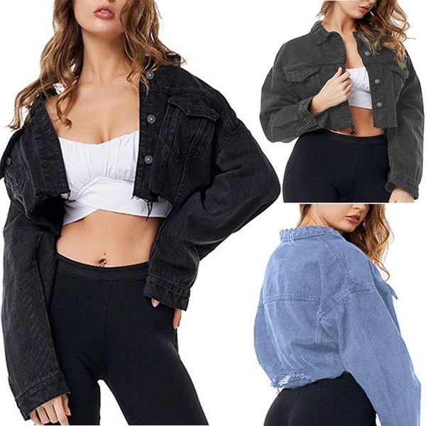 

women's jackets boyfriend jean jacket women oversized crop denim vintage long sleeve short coat black bomber bc373, Black;brown