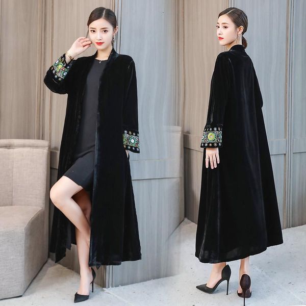 

women's trench coats 2021 elegant embroidered cardigan large size windbreaker overcoat women spring autumn black velvet long x603, Tan;black