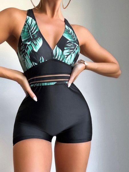 

plant print v neck one piece swimsuit f8ee#, White;black