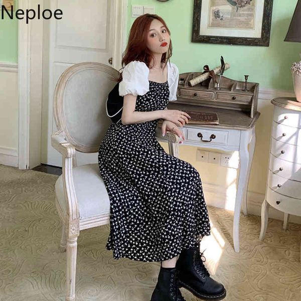 

neploe women dress korean floral print vintage robe patchwork puff sleeve split vestidos slim waist square neck elegant dresses 210422, Black;gray