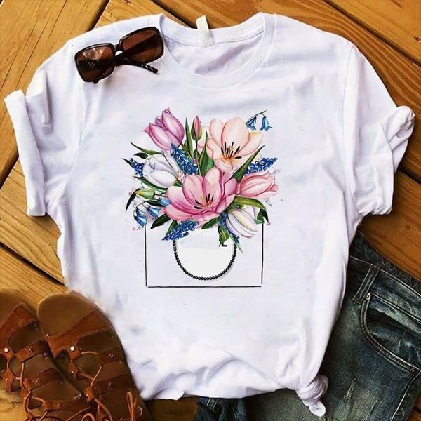 

flower elegant printed short sleeve women loose tee clothes graphic, White