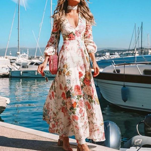 

casual dresses women long sleeve printing hanging v-neck party maxi dress vestidos de verano robe femme sukienki, Black;gray