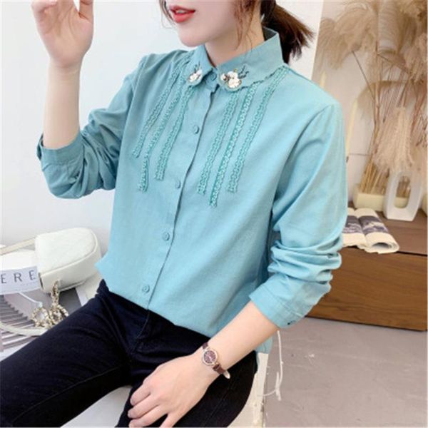 

women's blouses & shirts woman long sleeve blouse loose cotton women and 2021 korean spring print literary embroidered, White