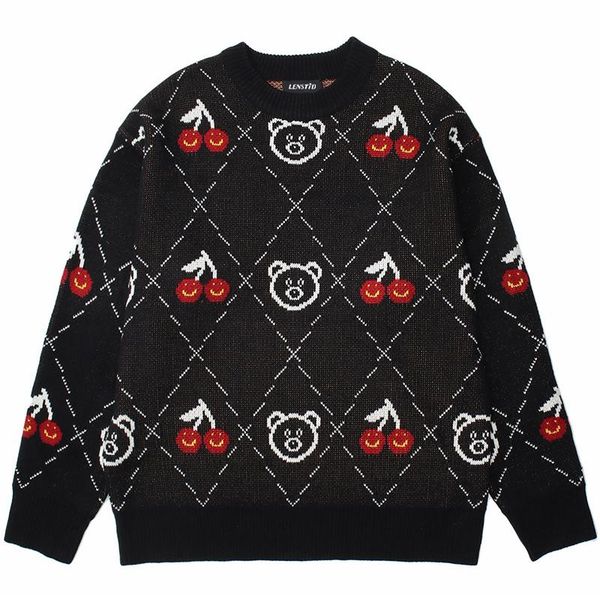 

men's sweaters 2021 hip hop knitted sweater streetwear cherry bear print pullover men autumn harajuku cotton casual black, White;black