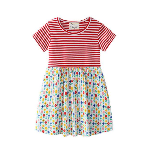 

jumping meters summer dresses kids girls flowers tutu princess knitted cotton children's clothes party baby dresses 210529, Red;yellow
