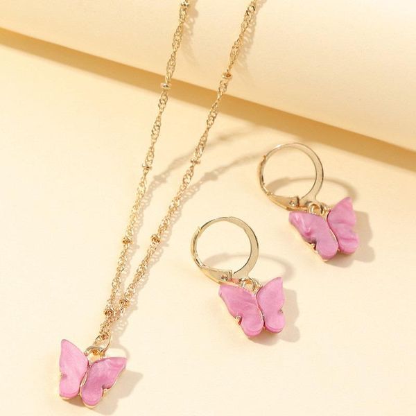 

earrings & necklace 2pcs/set fashion butterfly stud cute pendant for women colorful girls jewelry gifts, Silver