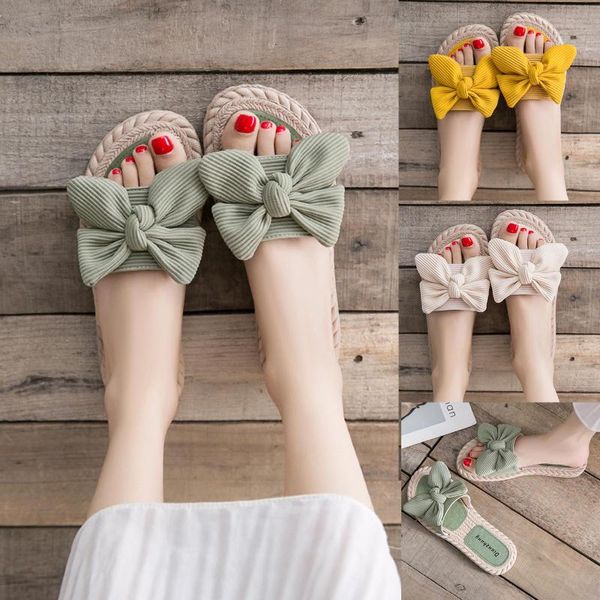 

sandals sweet bowknot shoes casual solid color summer flats comfortable slippers women weave 2021 chaussure femme, Black