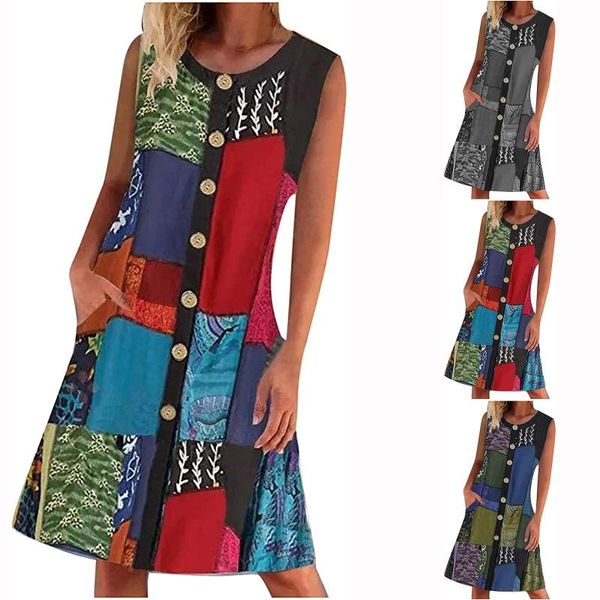 

casual dresses women o-neck sleeveless female summer pocket oversize printing midi dress ladies large size clothes vestido, Black;gray
