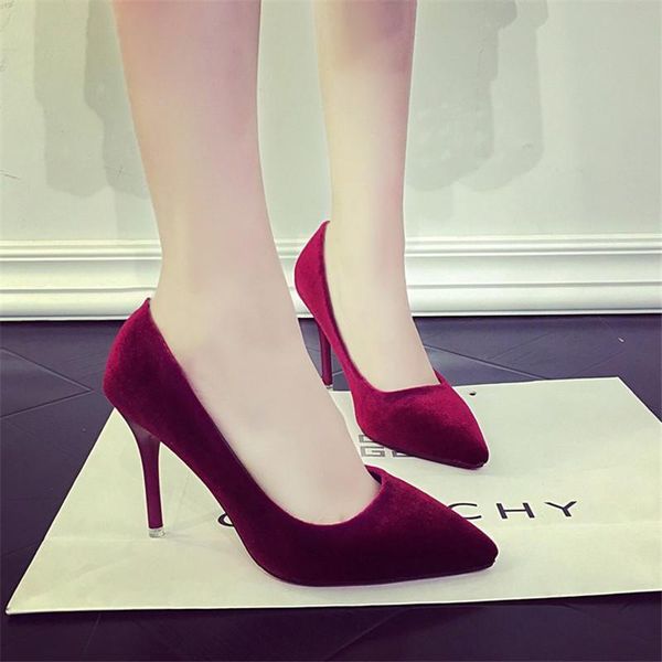 

dress shoes pointed toe suede thin heels high pumps women 2021 spring autumn woman fashion shallow slip-on ladies, Black