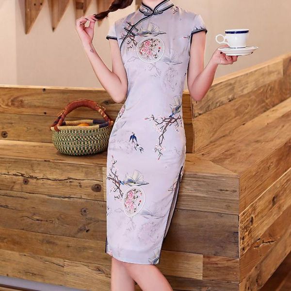 

ethnic clothing print flowers mid-length women satin cheongsam 2021 summer vintage traditional chinese dresses elegant slim prom straight qi, Red