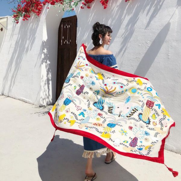 

scarves oversize sunscreen pareo beach shawl scarf summer cotton linen floral printing women, Blue;gray