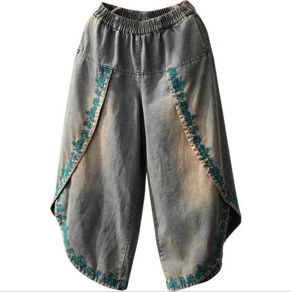 

women's jeans designer spring women wide leg pants elastic waist female loose embroidery denim, Blue