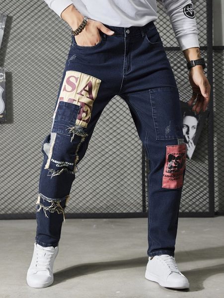 

men letter patched cat scratch raw trim tapered jeans 86of#, Blue