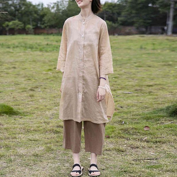 

johnature women ramie long shirts and solid color chinese style blouses summer stand seven sleeve vintage shirts 210521, White