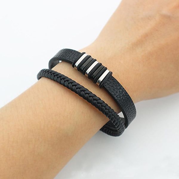 

charm bracelets double layers black gold punk style design leather bracelet for men stainless steel clasp button birthday gift male, Golden;silver