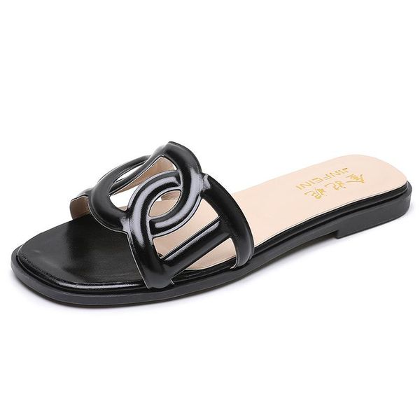 

summer women hollow out flats slippers 2021 female fashion outside slides ladies casual beach big size 42, Black