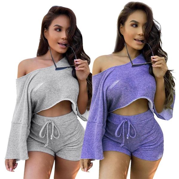 

women's tracksuits bat sleeve open shoulder loose solid two piece set, Gray