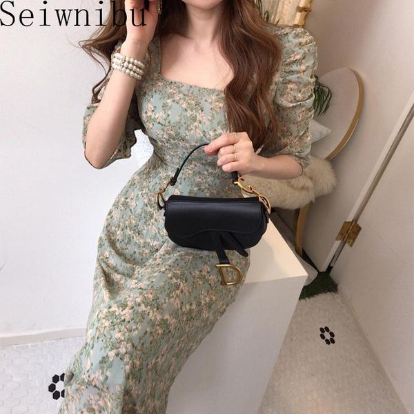 

dresses chic korean gentle slim wrap hip square neck floral chiffon dress women puff pleated sleeve lace up vintage vestido casual, Black;gray