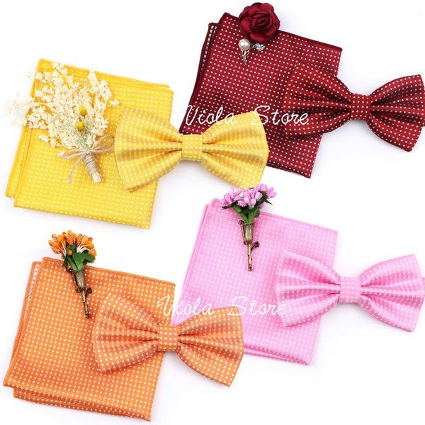 

bow ties 3 pcs bright colorful dot tie set men wedding groom brooch pin butterfly pocket square party birthday gift cravat accessory, Black;gray