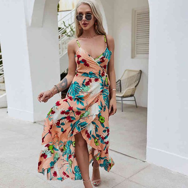 

fashion casual sling print women dress summer v-neck holiday style maxi dress elegant high-waist lace-up ruffle dress 210514, Black;gray
