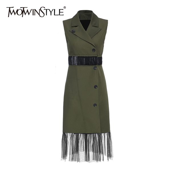 

elegant patchwork mesh women coats lapel collae sleeveless high waist hollow out windbreaker for female fashion 210524, Tan;black
