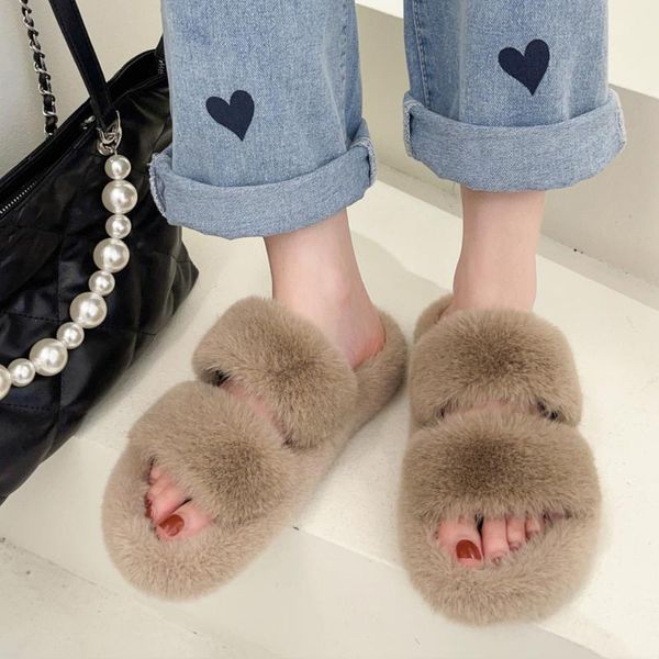 

slippers winter luxury faux fur ladies fashion band fuzzy women fluffy bedroom flat girls plush shoes, Black