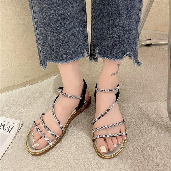 

sandals flat women crystal narrow band open toe shoes summer fashion elastic black beige mujer 2021