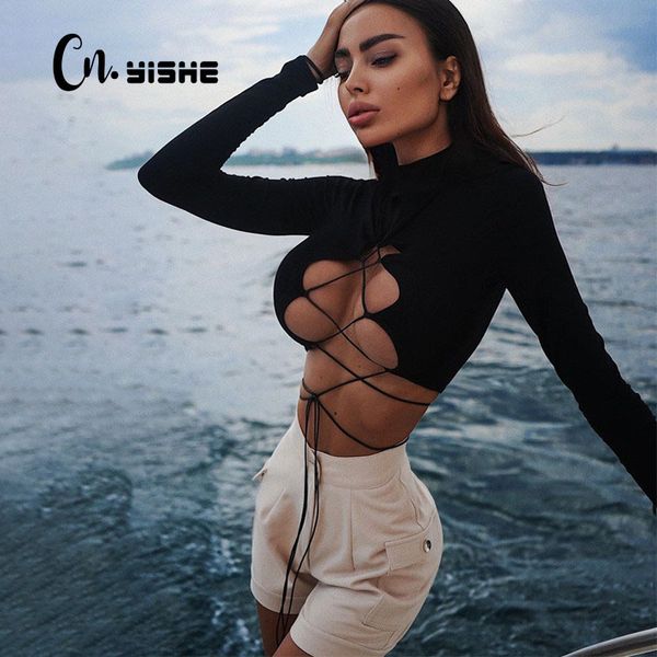 

cnyishe long sleeve cut out bandage crop winter women t-shirts fashion streetwear tshirts tees female blusas 210419, White